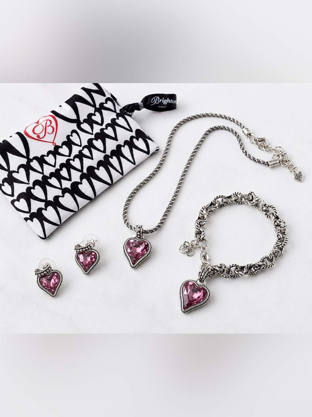 Brighton Bibi Pink Heart Jewelry Set Necklace Bracelet Earrings w Pouch